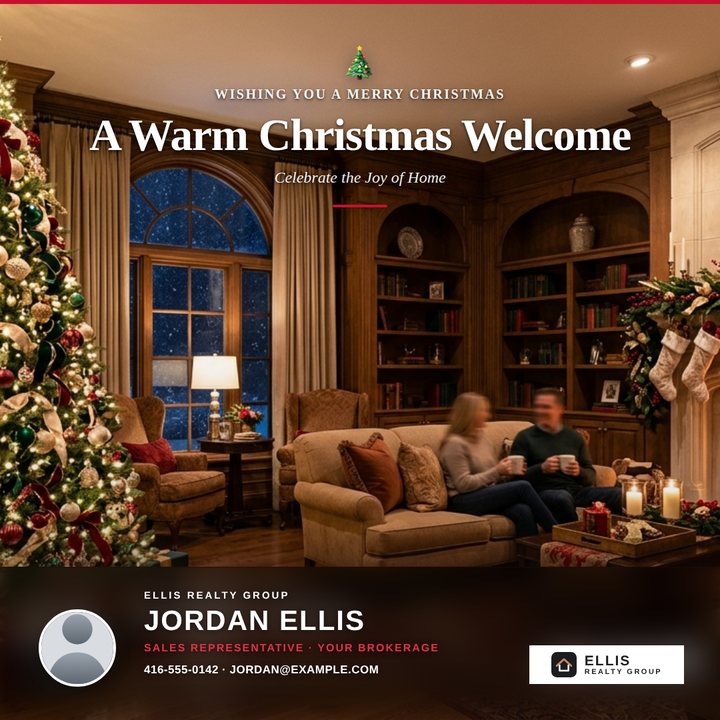 A Christmas greeting post with a warm living room scene