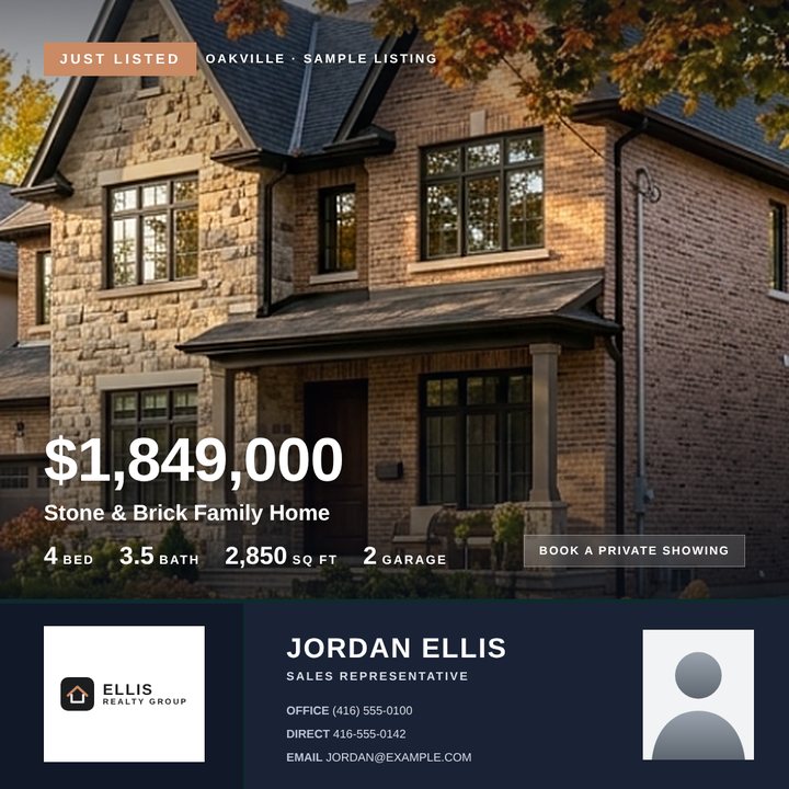 A just-listed property marketing post for a sample home